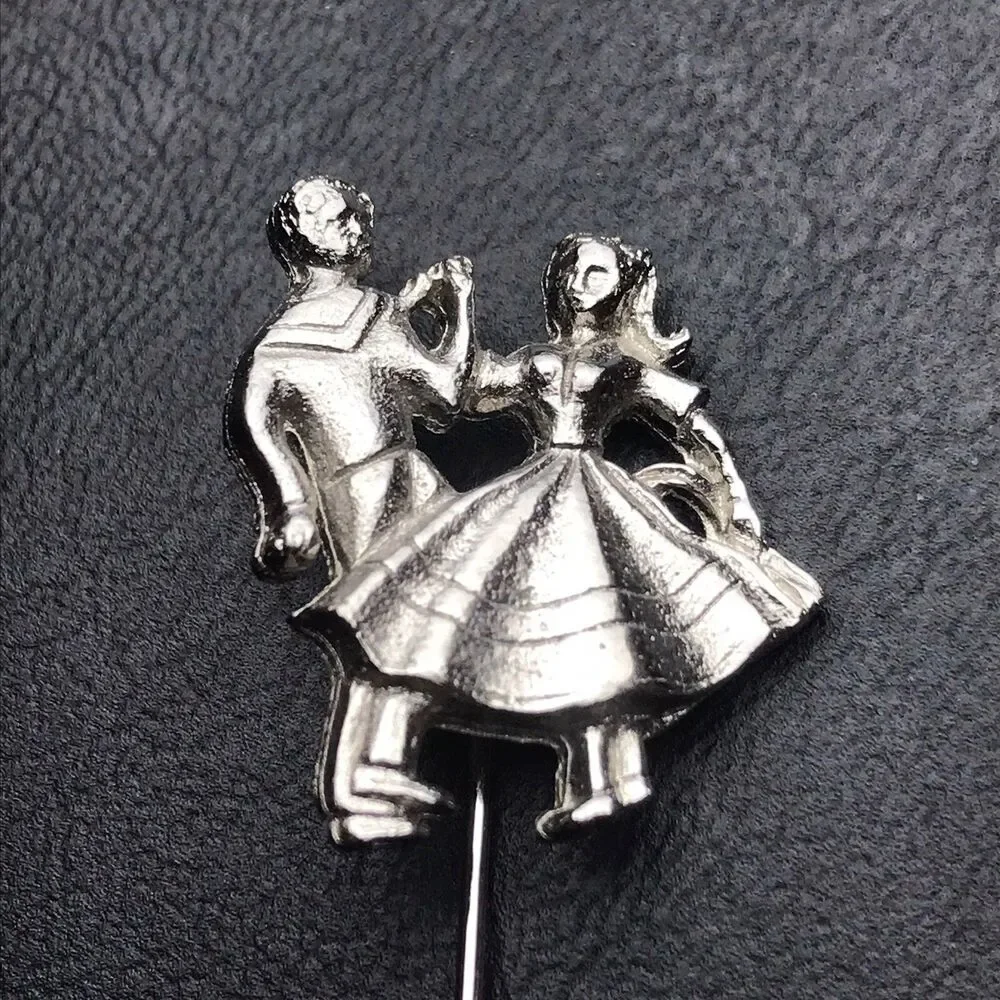 Silver Toned Dancing Couple Stick Pin Brooch Metal Vintage Dance Jewelry
